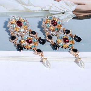 Vintage Bohemian Metal Colorido Cristais Dangle Brincos Drop Droping Pearls Fine Rhinestone Jóias Acessórios para mulheres