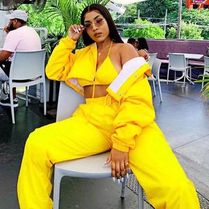 Women's Two Piece Pants Lygens Cropped Jacket Cargo Jogger 2 Set Sweatpants 2021 Long Sleeve Winter Fall Women Streetwear Neon Clothing