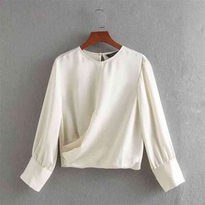 Camisas Sólidas Mulheres Top Primavera / Verão Plissado Silk Silk Texture Escritório Senhora Branco Pescoço Pescoço Camisa Blusa Tops ML814 210506