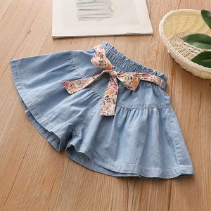 Summer Casual 3 4 5 6 8 10 11 12 Years Baby Solid Color Cotton Loose Denim Blue Shorts With Floral Belt For Kids Girls 210529