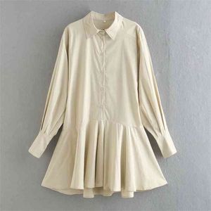 Kadınlar Yaz Vintage Rahat Mini Gömlek Elbise Uzun Kollu Eklenmiş 100% Pamuk A-line Kadın Zarif Katı Elbiseler Vestidos 210513