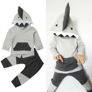 New Arrival Boy Shark Suit Toddler Newborn Boy Hooded Top Trousers Tights Clothes Gray 2-piece Set G1023