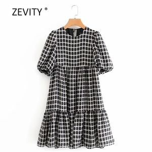 Frauen Vintage O Neck Plaid Print Vestido Puff Sleeve Plissee Rüschen Mini Kleid Weibliche Chic Retro Casual Chiffon Kleider DS4019 210420