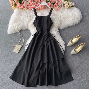 Vintage Black Irregular Dress Women Casual High Waist Slim Drawstring Spaghetti Strap Vestidos Female 2021 New Fashion Summer Y0603