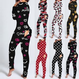 Women's Jumpsuits & Rompers Button-down Print Functional Buttoned Flap Adults Jumpsuit High Quality Home Sleepwear Onesie