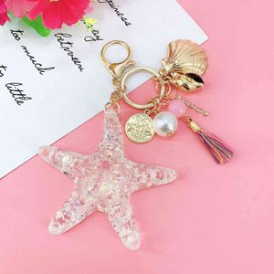 New Fantasy Cartoon Sea World Pearl Shell Starfish Keychain Pentagram Crystal Key chain Ladies Bag Car Key Alloy Pendant Jewelry G1019