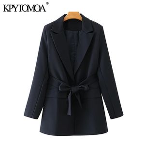 Moda donna con cintura Cappotto blazer con bottone singolo Tasche maniche lunghe vintage Capispalla femminile Chic Veste Femme 210416