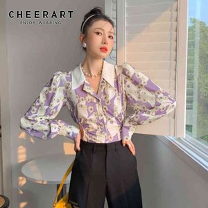 Puff Sleeve Floral Bodysuit Women Purple Button Front Romper Long Shirt Ladies Hollw Out Jumpsuit 210427