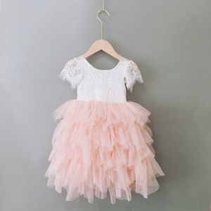 White lace fluffy girls wedding long dress children flying sleeve tutu vestido for teenagers baby birthday floor gown 210529