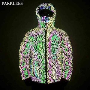Hip Hop Line Reflective Hooded Jacket Men Thick Parkas Windbreaker Fluorescent Streetwear Warm Jacket Harajuku Coat Outwear 210522