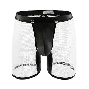 Kalsonger Herrtrosor Genomskinlig Mesh Öppen BuBoxer-shorts Sexiga underkläder Låg tajt Avtagbar Bulge Pouch Faux Läder Patchwork Shorts