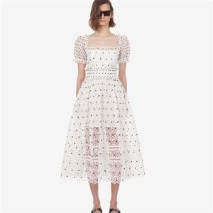 Self Portrait Runway Lace Women Dress Summer White Dot Print Backless Party Long Vintage Floral Hollow Out 210603