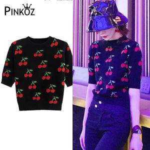 Cereja Sweet Sweater Meia Manga Cor-de-rosa Bonito Estilo Jovem Crop Top Mulheres Casual Streetwear Verão Tee Chique 210421