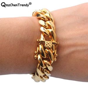 316L Ze stali nierdzewnej Hip Hop Mens Curb Cuban Chain Bransoletki Bangle Dargon Square Lock Zapięcie Biżuteria 8/10/12 / 14mm Drop Zakupy 211124