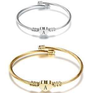 Bracciale rigido aperto in acciaio al titanio con lettera iniziale A~Z per donna 26 braccialetto con ciondolo a cuore con alfabeto regalo di gioielli femminili di moda