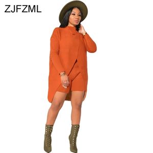 Kaszmirowy sweter kobiety dwa kawałki zestawy jesień zima ciepłe ubrania przód wysoki rozłam z długim rękawem luźne górne talii szorty 211105