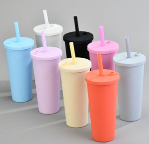 最新の24oz二層プラスチックストローコーヒーマグカップ、ミルクティードリンクふた付き黄色い水カップ、サポートカスタムロゴ