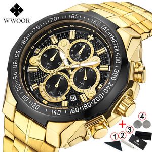 WWOOR Men Watches Brand Luxury Big Diver Chronograph Watch Men Gold Waterproof Golden Men's Wristwatch Relogio Masculino 210527