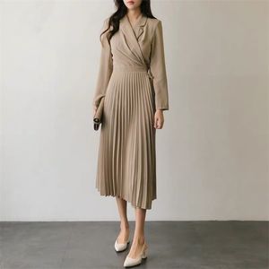 Coréia plissada vestido para mulheres inverno logn manga linha entalhada Linha sexy senhoras offfice solta blazer Maxi vestidos 210602