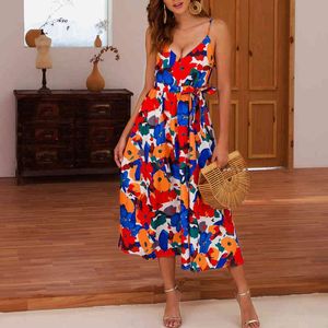 Kolorowe Kwiatowe Druku Dress Summer Casual Beach Dresses Maxi Office Eleganckie Długa Dress Boho Sukienka Kobieta Sundress 210415