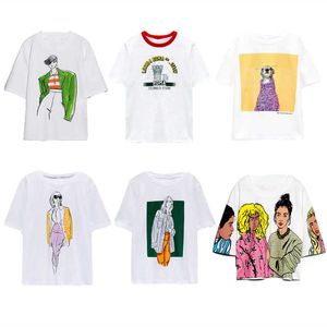 Za verão bonito animal impressão t camisa mulheres vintage manga curta o pescoço dos desenhos animados camisetas Mulher chique menina cortada top 210602