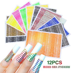 12Sheets Mieszany Wąż Wąż Nail Naklejki Hollow Strip Nails Art Naklejki Samoprzylepne DIY Manicure Narzędzie Naklejka