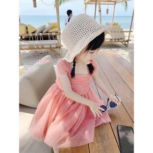 Meninas coreanas Ruched Dress for Children Solid Sun Summer Cape Sleeve Tutu Holiday 210529