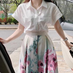 Korejpaa Women Set Summer Korean Simple Matching Style Lapel Pocket Short-Sleeved Shirt Pleated Large Swing Ink Print Skirt 210526