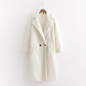 Evfer Women Fashion Teddy Cashmere White Loose Outwear Female Elegant Double Breasted Winter Warm Long Coats Ladies Thick Jacket 210421