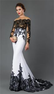 Exquisite Meerjungfrau-Kleider für die Brautmutter, schulterfrei, Spitzenapplikationen, Schwarz-Weiß, elegante formelle Mutterkleidung