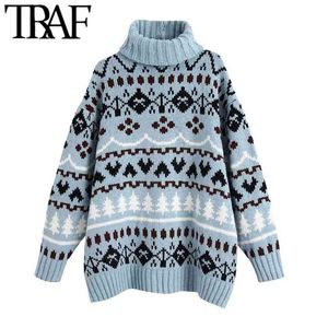 Женская мода негабаритный жаккардовый вязаный свитер Винтаж высокой шеи с длинным рукавом женские пуловеры шикарные вершины 210507