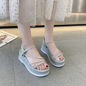 Sandali con zeppa con plateau Scarpe con suola spessa da donna Nastro di cristallo estivo Punta aperta Zapatillas Mujer