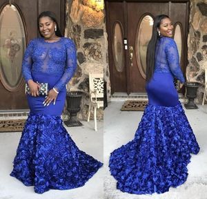 Plus Size Mermaid Prom Dresses Royal Blue Długą Rękaw Suknia Wieczorowa Koronkowa Aplikacja Rose Floral Train Custom Made Formal Robe de Mariée