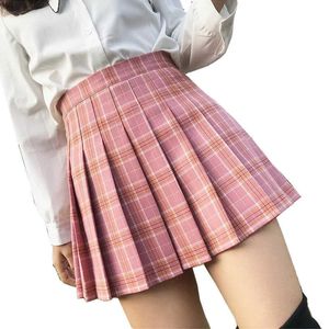 Lato Kobiety Spódnice Plaid Wysokiej Talii Zszywanie Student Plising Cute Słodkie Dziewczyny Taniec Mini z zamkiem XS-3XL 210526