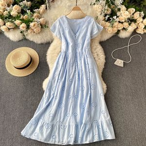 SINGREINY Women Hollow Ruffles Dress Korean Fashion V Neck Solid Casual Loose A-line Dresses Summer Bohemian Vacation Midi Dress 210419