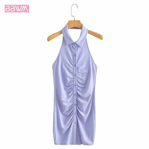 Lapel Bez Rękawów Kobiety Sexy Backless Sukienka Vintage Halter Folds Single-Breasted Chic Kobiet Mini Dresses Mujer 210507