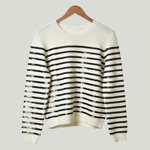 2021 Autumn Fall Long Sleeves Round Neck White Solid Color Knitted Panelled Striped Sequins Pullover Style Sweater Women Fashion Knits Tops M1821009