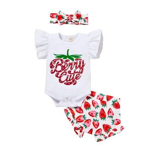 Klädset SUNSIOM Babytjejer Kläder Sommarset Brevtryck Flying Sleeve Romper+Jordgubbshorts+Bow-knot Pannband