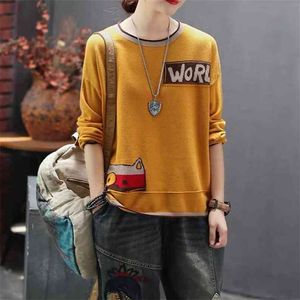 Literature and Art Retro Cartoon Printed Sweater Women Fashion Loose Large Size Round Neck Long Sleeve Knitted Jumpers Female 210427