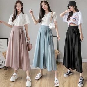 Vår och sommarstil Koreansk pläterad chiffongbyxor Stor storlek Elastisk midja Casual Byxor Hakama Kvinna 211115