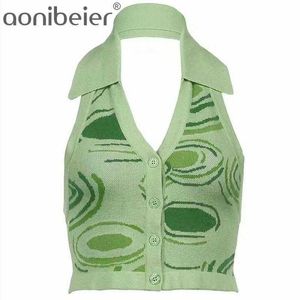 Grünes Strickhemd Sommermode ärmellose rückenfreie tiefe V-Halter-Hals-Frauen-beiläufige Blusen sexy dünne weibliche Crop-Tops 210604