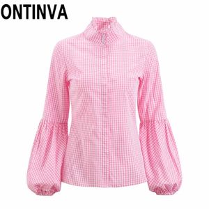 Clearance Women Blouse Retro Rosa Plaid Cotton T Shirts Lantern Grid Långärmad Ruched Turtle Neck Button Toppar Blusas Casual 210527