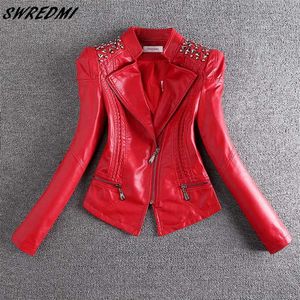 Swredmi Fashion Red Motorcycle Läderjacka Kvinnor Rivet Zippers Biker Leather Coat Plus Storlek S-3XL Suede Ytterkläder 211007