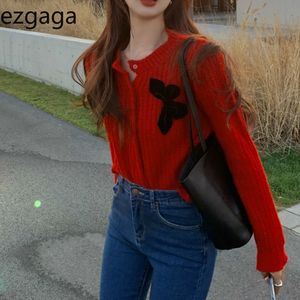 Ezgagaちょう結びニットセーター女性の秋冬ヴィンテージoネックルーズクロップトップの女性カーディガン入札ファッション210430