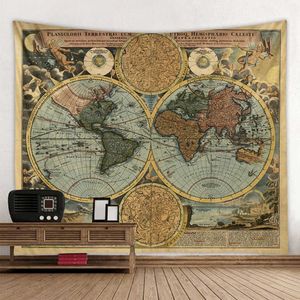 Polyester World Map Print Wall Hängande Boho Tapestry Färgrik karta Mandala Vägg Tapestry Beach Handduk Blankett Yoga Sovplatta 210609
