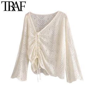 Traf Women Fashion with DrawString Hollow Out Oregelbulsk stickad tröja Vintage Long Sleeve Female Pullovers Chic Tops 210415