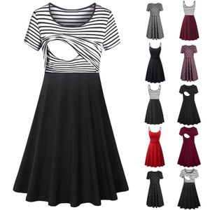 Maternity Clothes Woman O-neck Stripe Short Sleeve Breast-feeding Pregnant Maternity Nursing Dress Robe Femme Q0713