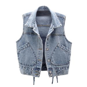 Zoki Denim Frauen Weste Herbst Plus Größe Jean Jacke Mode Ärmel Lose Einreiher Kurzmantel Kausal Bandage Westen 210819