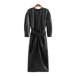 Vintage Woman Black Leather Sashes Long Dress Fashion Ladies Fall Sleeve Pu es Female Cool Solid Color 210515