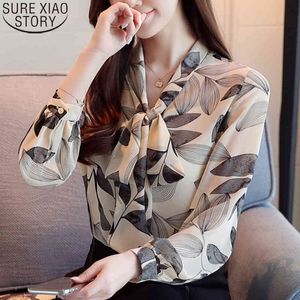Floral Long Sleeve Chiffon Shirt Elegant Bow Print Shirts Button Cardigan Autumn Women Office Ladies Tops 10748 210417